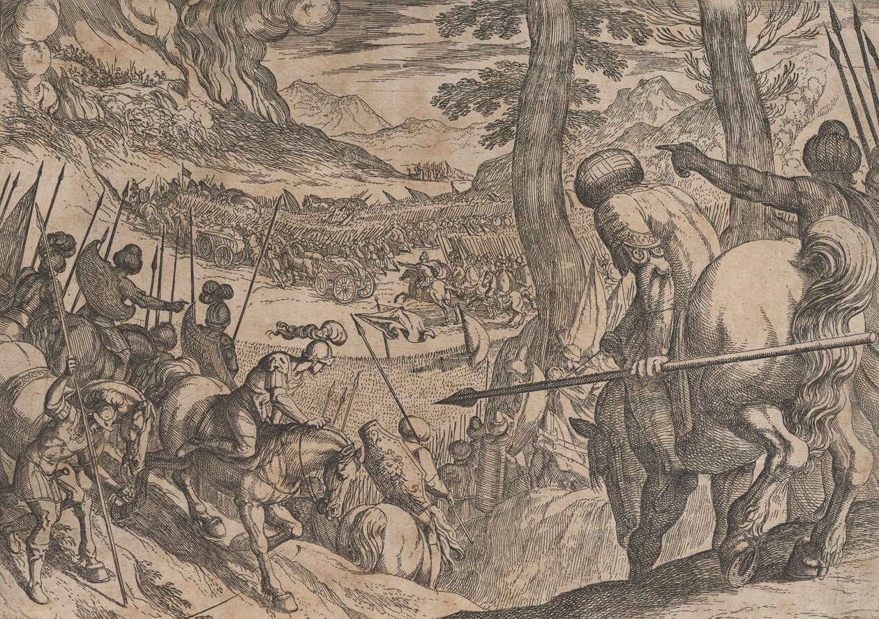 Talíř 8: Alexander obklíčí nepřátelské jednotky ohněm, z The Deeds of Alexander the ..., 1608. od Antonio Tempesta