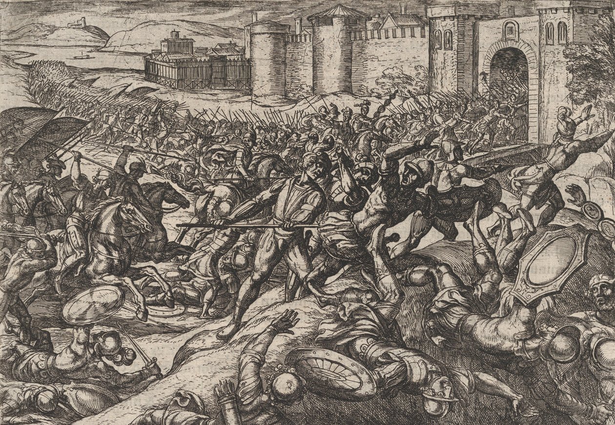 Talíř 9: Římané poražení holandskými vojsky u Bonny, z Války Římanů Agai..., 1611. od Antonio Tempesta