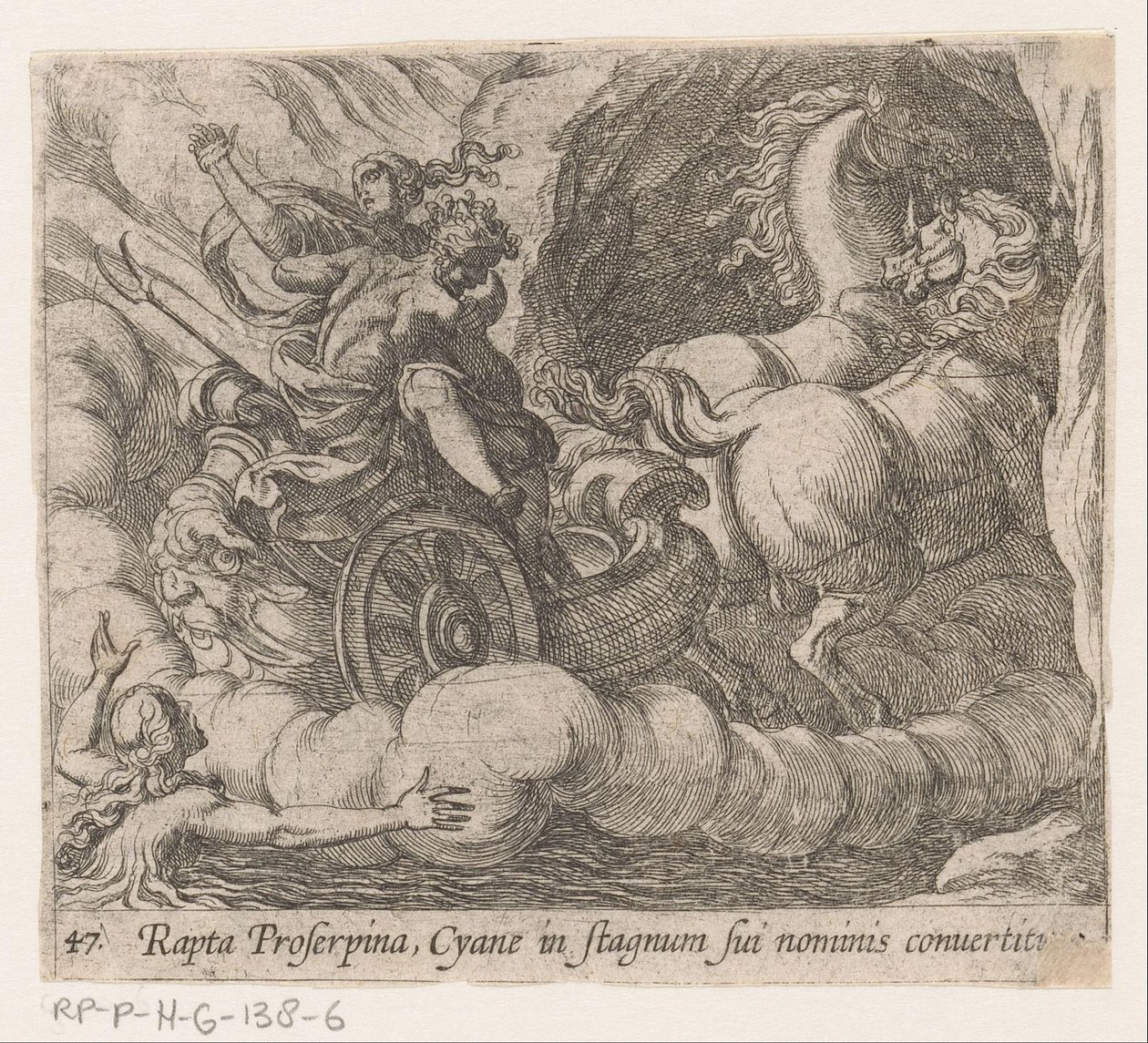 Pluto požírá Proserpinu chřadnoucí z nymfy Cyane Cyane, unesená Proserpinou, se promění ve vlastní bazén (název na předmětu) Metamorphoseon nebo transformace (název série) Metamorfosen van Ovidius (název série) od Antonio Tempesta