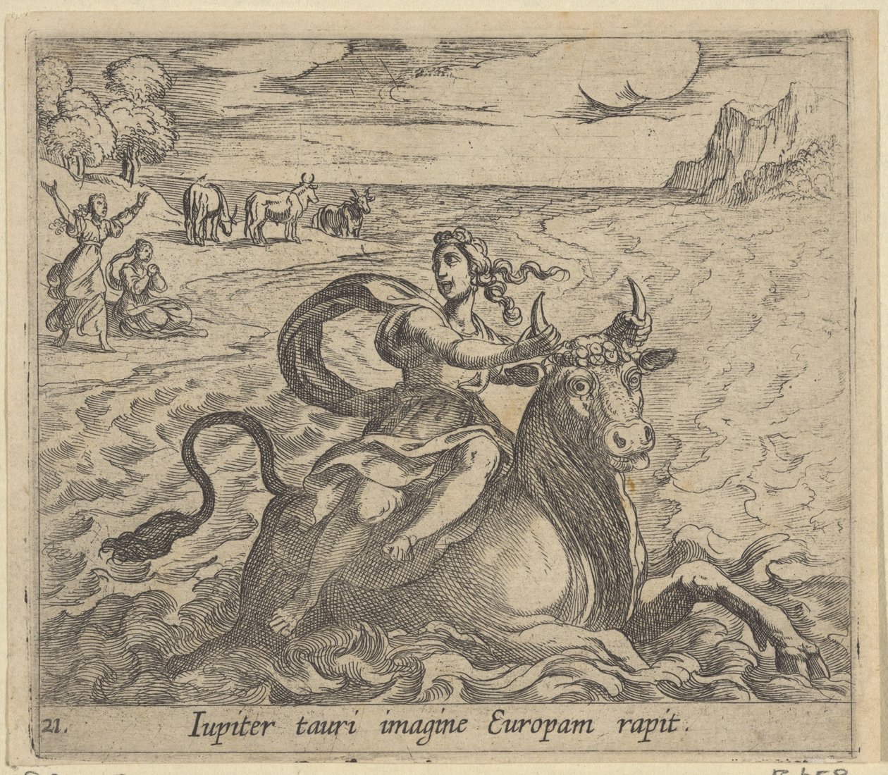 Střešní dodávka Evropa Jupiter zachycuje Evropu v podobě býka (název na objektu) Transformace velikosti metamorphoseon (název série) Metamorfosen van Ovidius (název série) od Antonio Tempesta
