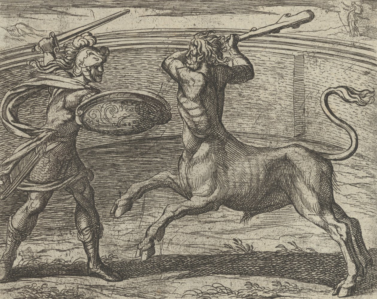 Theseus a Minotaurum Minotaurum Theseus vincit, z The Metamorphos..., Vydáno po roce 1606. od Antonio Tempesta