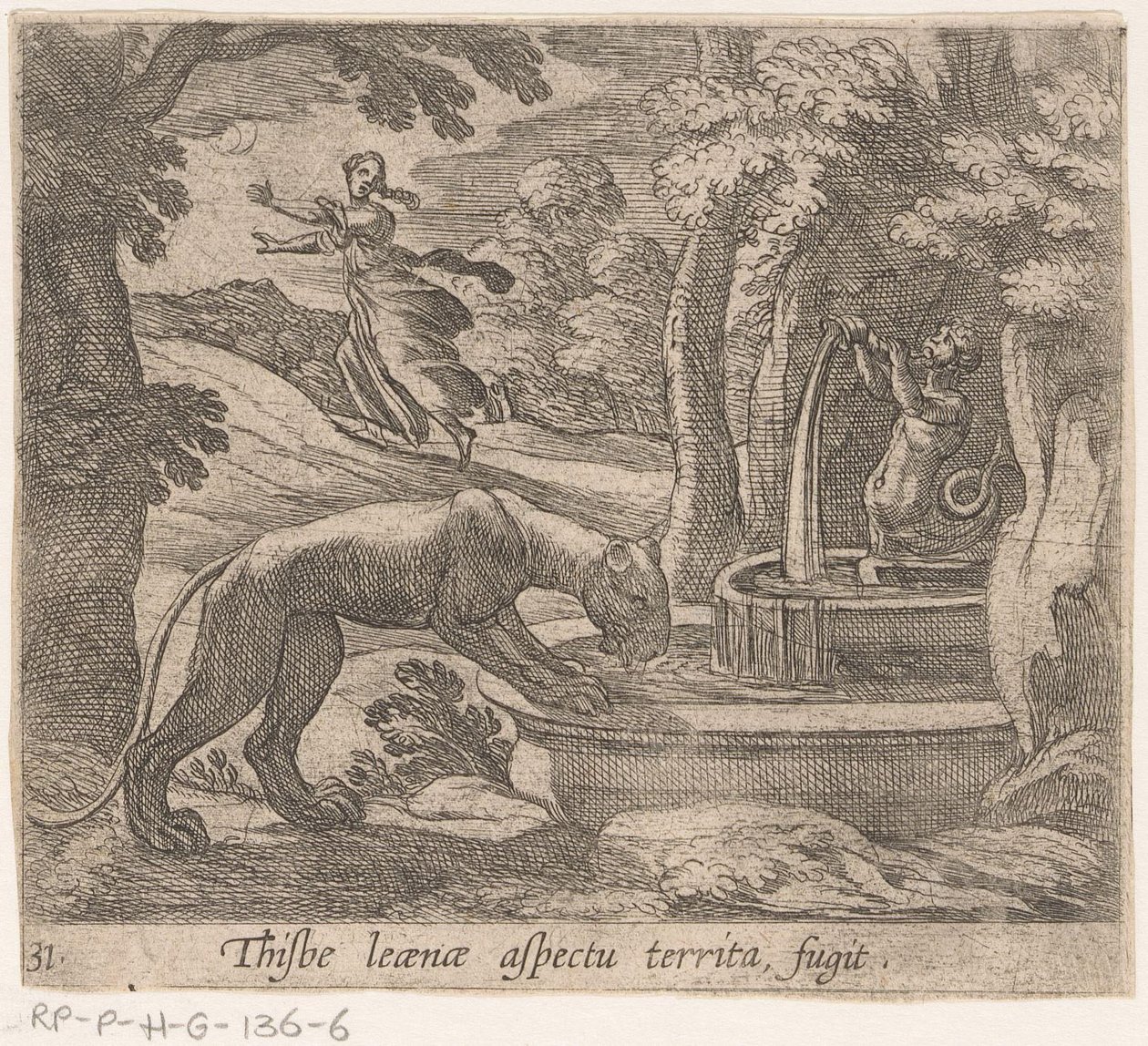 Thisbe vlucht voor the leeuwin by the bron Thisbe aspekt území fugit (titul na objektu) Metamorphosis and Transformation (název série) The Metamorphoses of Ovidius (název série) od Antonio Tempesta