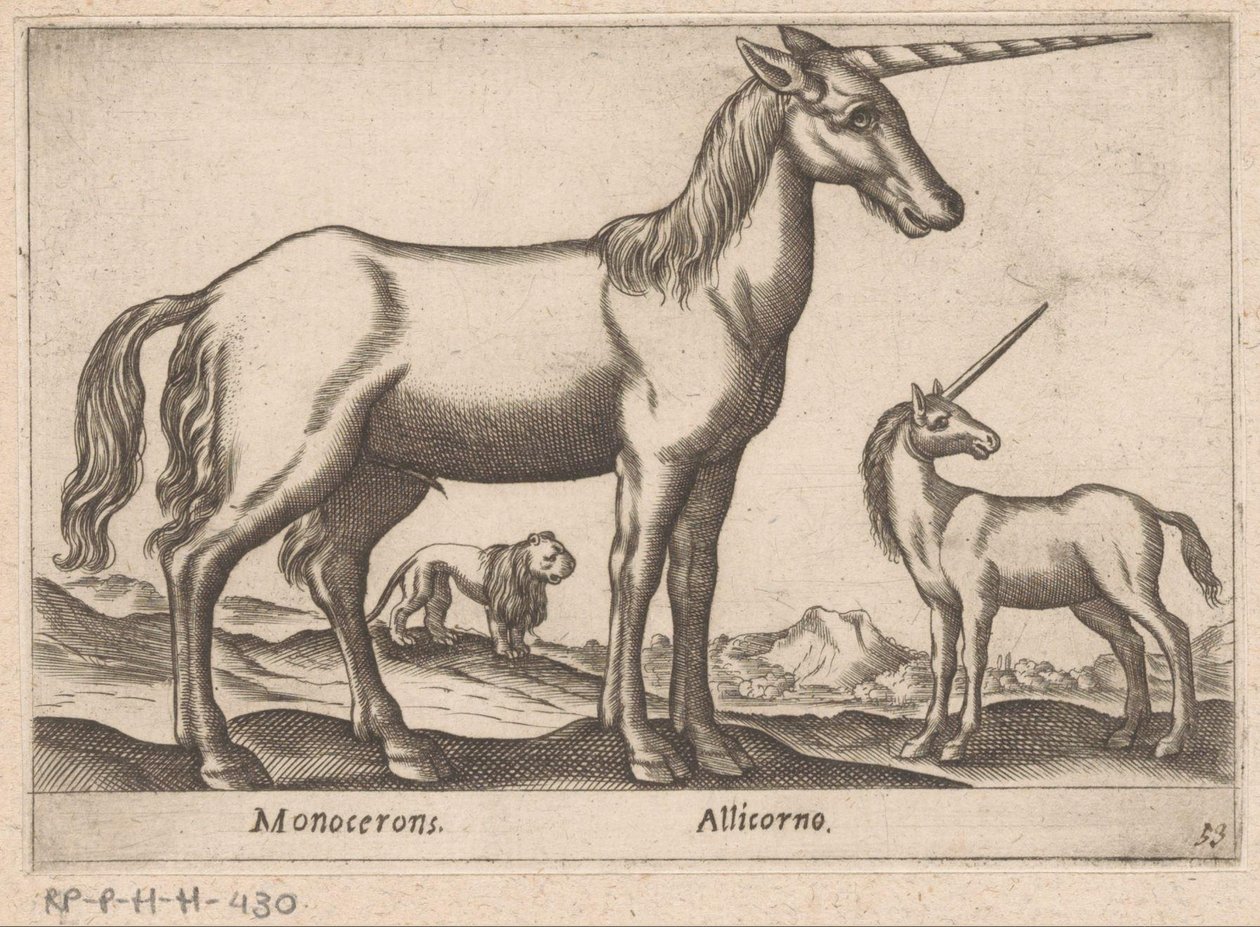 Dva jednorožci a lev Monocerons/ Allicorno (název na objektu) Zvířata a mýtická stvoření (název série) Nova raccolta de li animali piu curiosi del mondo (název série) od Antonio Tempesta