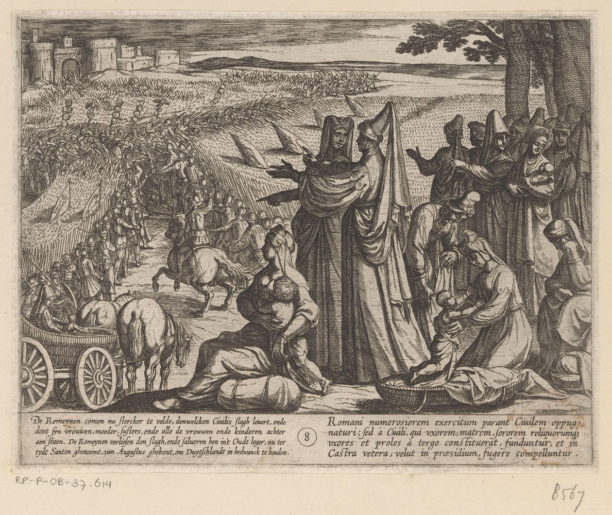 Ženy a děti sledují, jak Julius Civilis poráží Římany Batavské války proti Římanům (název série) Batavorum cum Romanis Bellum (název série) od Antonio Tempesta