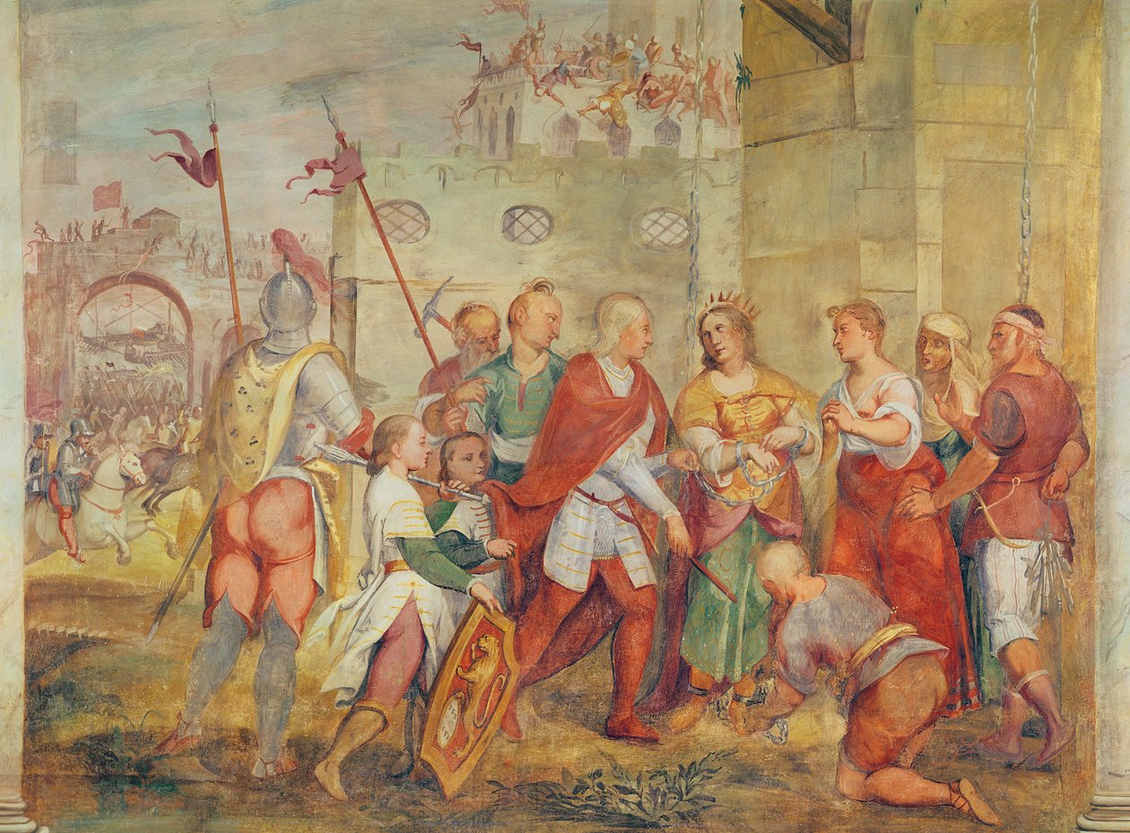 Jacopo Barbarigo osvobozuje uherskou královnu Markétu od Turků v roce 1426 (nástěnná malba) od Antonio Vassilacchi