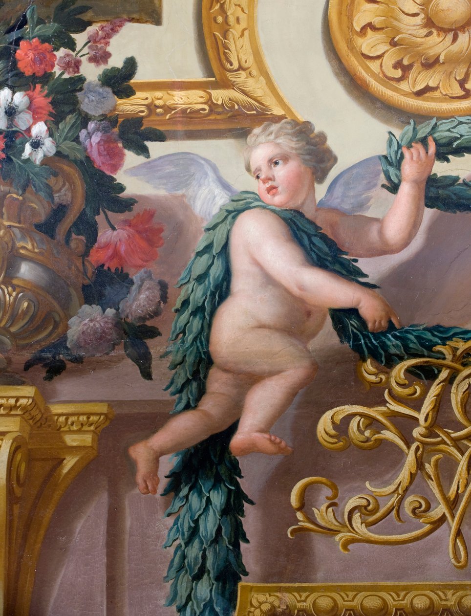 Detail nástěnné malby, zobrazující cherubína držícího vavřínový věnec a věnec, Hodovní dům od Antonio Verrio