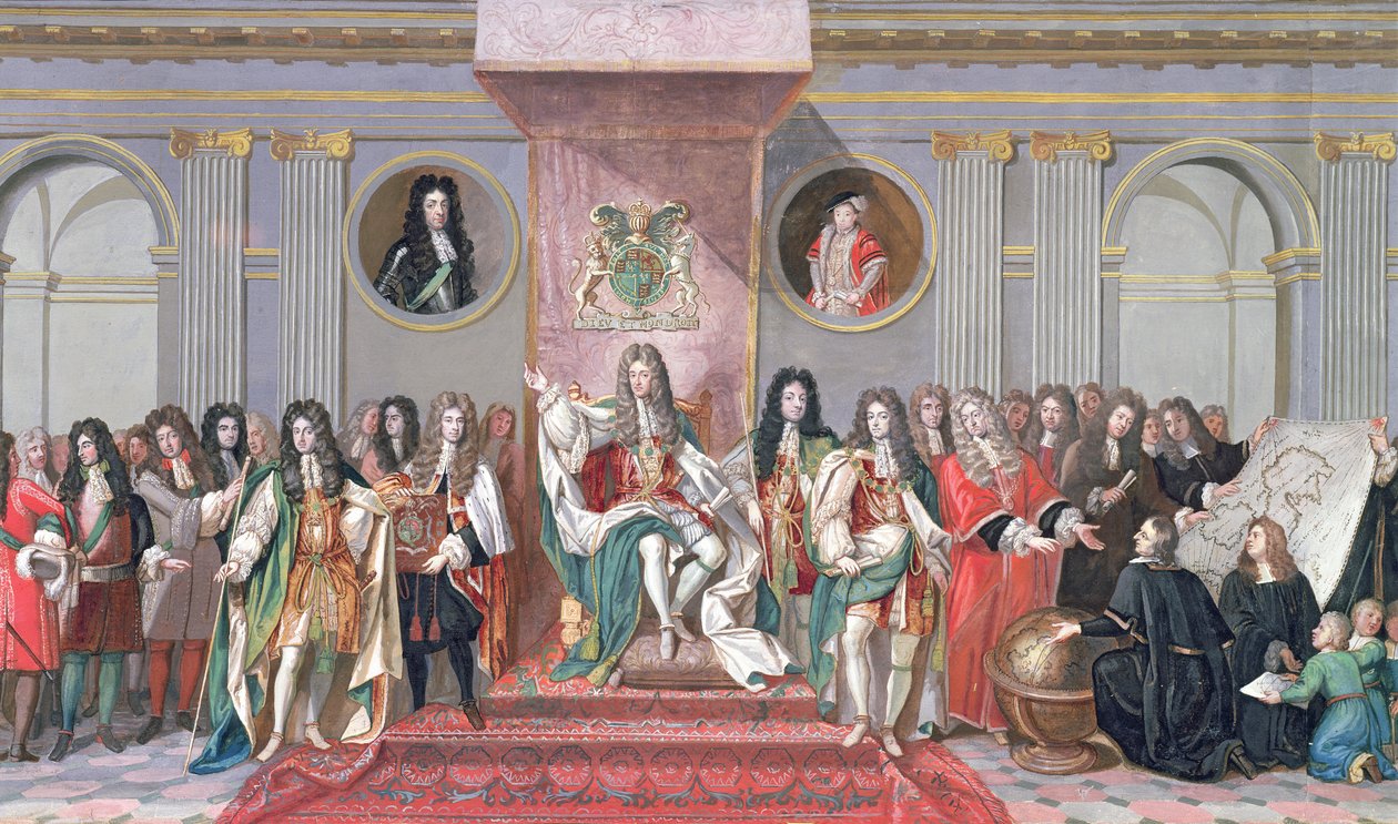 James II (1633-1701) Obdržení kvaše matematických učenců z Kristovy nemocnice na papíře) (detail 234983) od Antonio Verrio