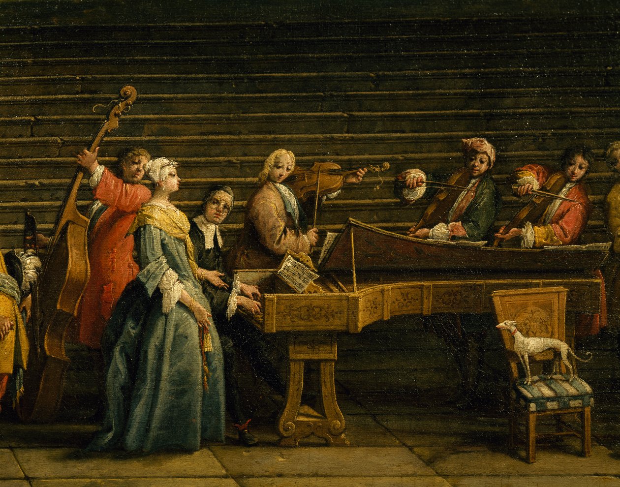 Koncert ve vile, Antonio Visentini (1688-1782), klavír a housle, olej na plátně, 207x320, Itálie od Antonio Visentini