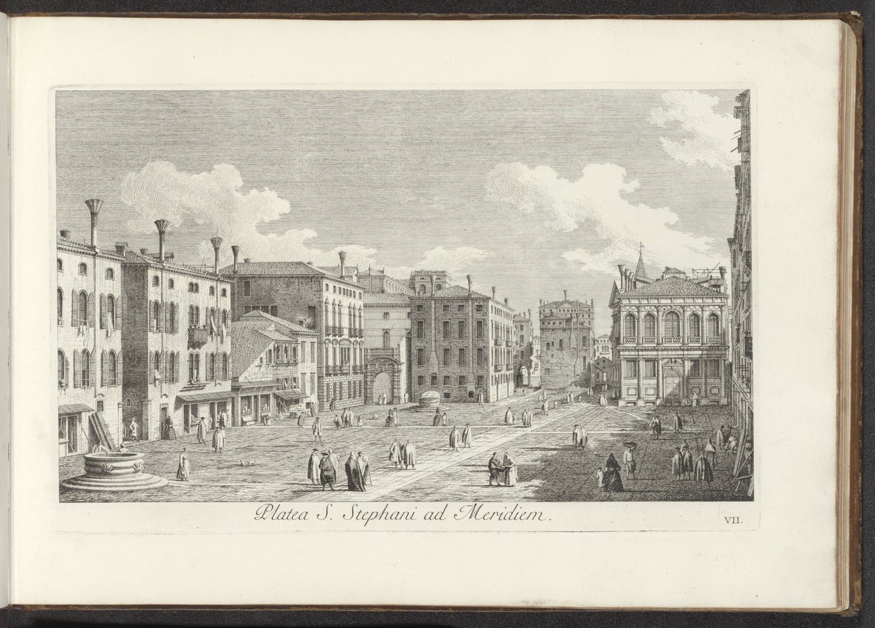 Gezicht op Campo Santo Stefano te Venetië Náměstí sv. Štěpána na jih (název na objektu) Gezichten op bugemenen en pleinen v Benátkách (název série) Nejznámější pohledy na město Benátky, z 38. panelů Antoniova kanálu, vytištěné mosazí Antoniem Vissem od Antonio Visentini
