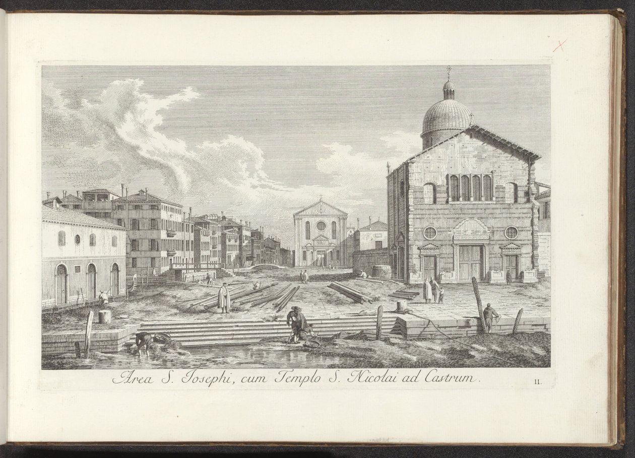 Gezicht op de Chiesa di San Giuseppe di Castello te Venetië Areál sv. Josefa s chrámem sv. Mikuláše na hradě (název na objektu) Gezichten op bugemenen en pleinen v Benátkách (název série) Známější pohledy na město Benátky z obrazů Antonia Canala od Antonio Visentini