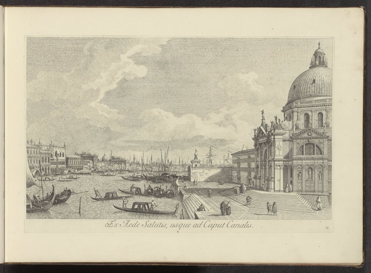 Podívejte se na Canal Grande a Santa Maria della Salute te Benátky Od domu spásy k hlavě kanálu (název na objektu) Nejznámější pohledy na město Benátky, z 38 panelů Antonius Canal, vytištěných na mosazi Antoniem Vissentinim, ve třech částech od Antonio Visentini