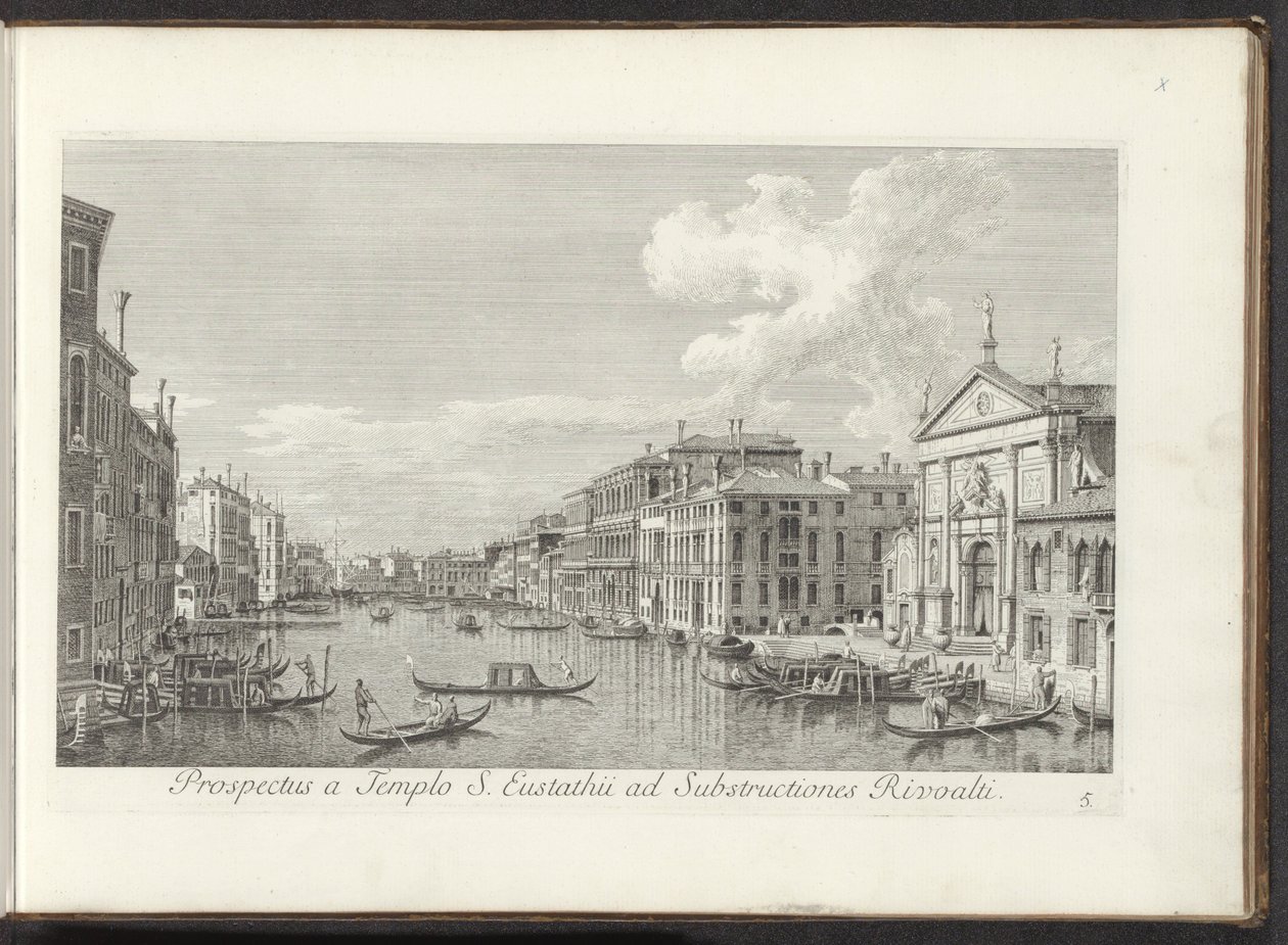 Podívejte se na Canal Grande en de kerk de San Stae te Venetië Pohled z chrámu sv. Eustatia na spodní stavby Rivoalti (název na objektu) Nejznámější pohledy na město Benátky, z 38. panelů Antoniova kanálu, vytištěné mosazí Antoniem Vissentinim na str. od Antonio Visentini