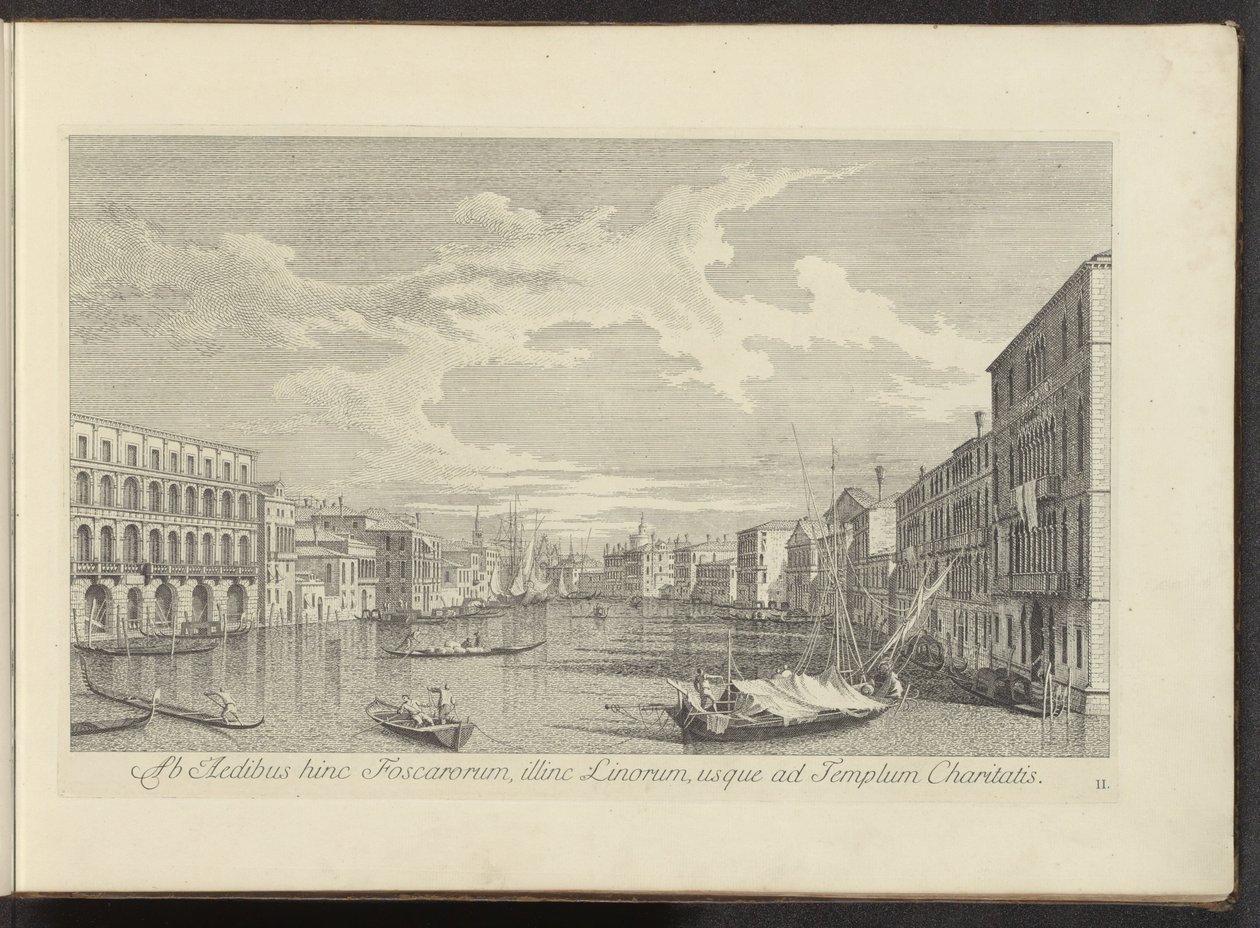 Podívejte se na Canal Grande te Benátky Od domů Foscarů na této straně, na druhé straně Linos, až k Chrámu lásky (název na předmětu) Nejslavnější pohledy na město Benátky, z 38 panelů Antonius Canal, vytištěných mosazí Antoniem Vissentinim, ve třech částec od Antonio Visentini