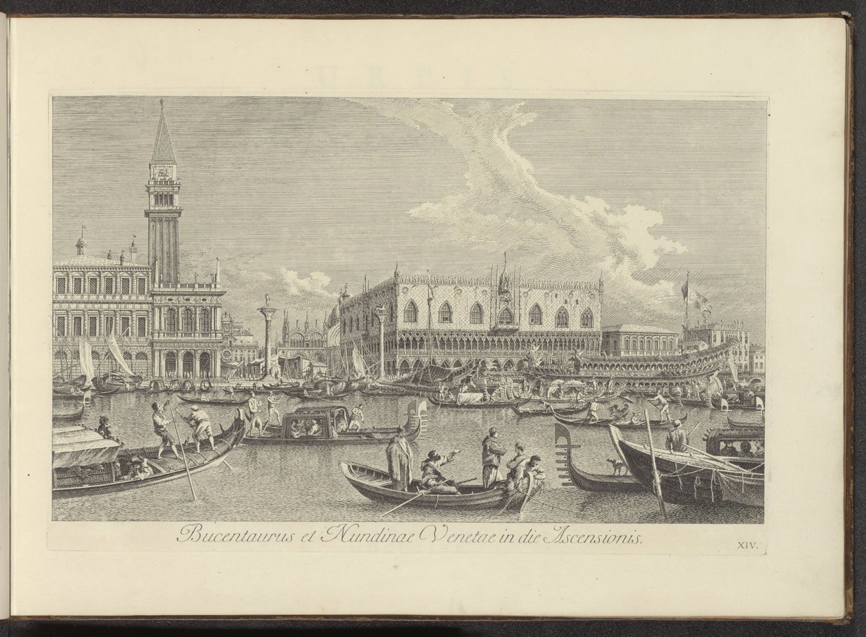 Podívejte se na Canal Grande te Venetië a de Bucintoro van de doge Bucentaurus a Nundinae Venetae v den Nanebevstoupení (název na předmětu) Nejslavnější pohledy na město Benátky, z 38 panelů Antonius Canal, vytištěné vzduchem od Antonia Vissentiniho od Antonio Visentini