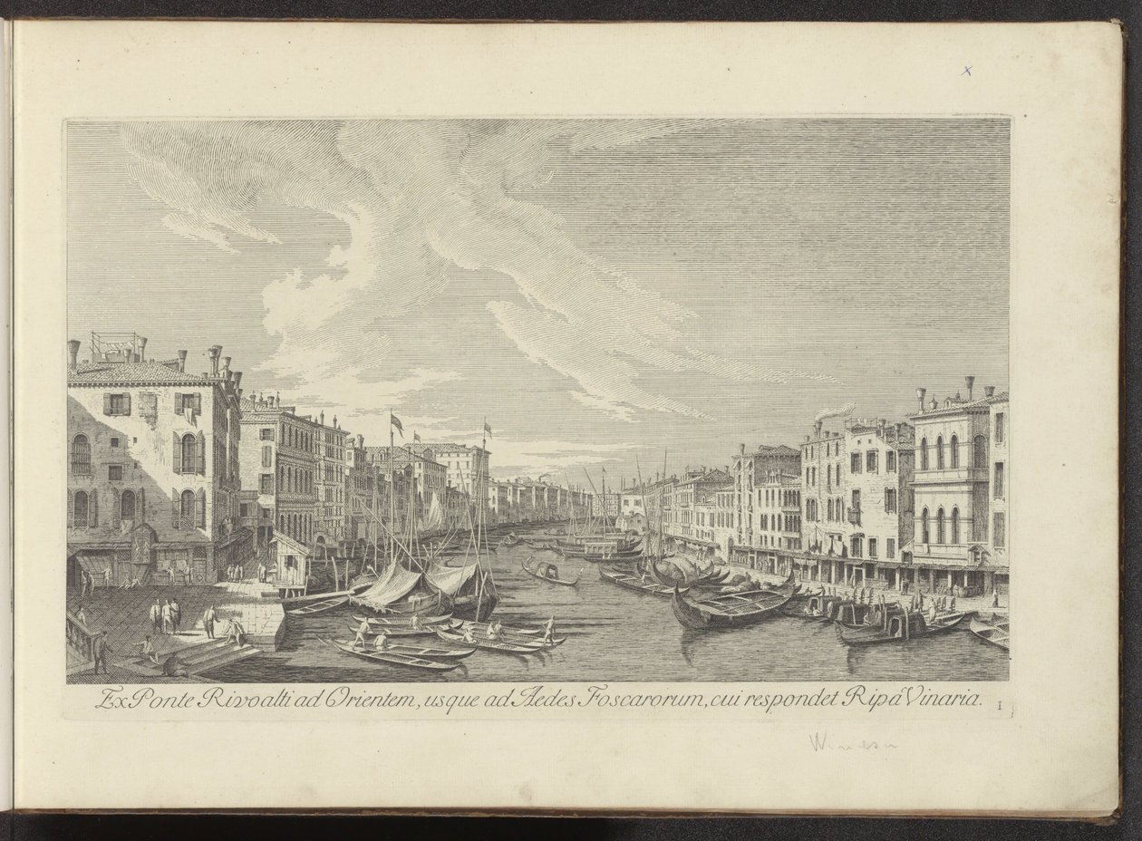 Gezicht vanaf de Rialtobrug na Canal Grande te Benátky Od Ponte Rivoalti na východ, k Aedes Foscarorum, kterému odpovídá Ripa Vinaria (název na předmětu) Nejznámější pohledy na město Benátky, z 38 panelů Antonius Canal, vytištěných mosazí A od Antonio Visentini