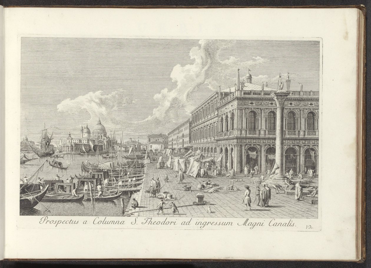 Hoek van het San Marcoplein se setkal s de Biblioteca Marciana Pohled od sloupu svatého Theodora ke vchodu do Canal Grande (titul na objektu) Nejznámější pohledy na město Benátky, z 38 mosazných panelů Antonius Canal, vytištěných Antoniem Vissentinim v čás od Antonio Visentini
