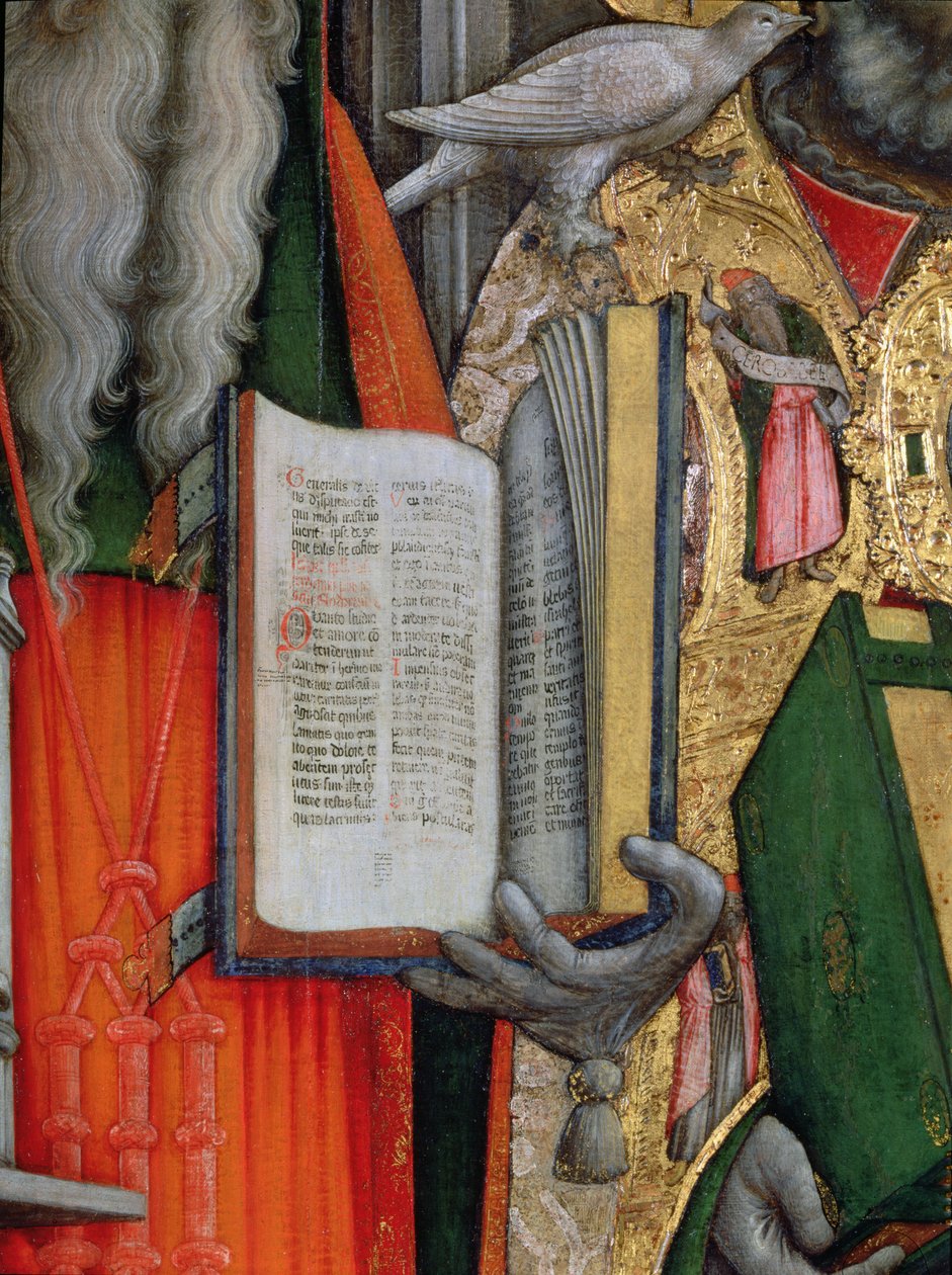 Bible sv. Jeronýma a holubice sv. Řehoře, detail levého panelu z Panny trůnící se svatými Jeronýmem, Řehořem, Ambrožem a Augustinem, 1446 olej na plátně po restaurování viz 160893-99 od Antonio Vivarini