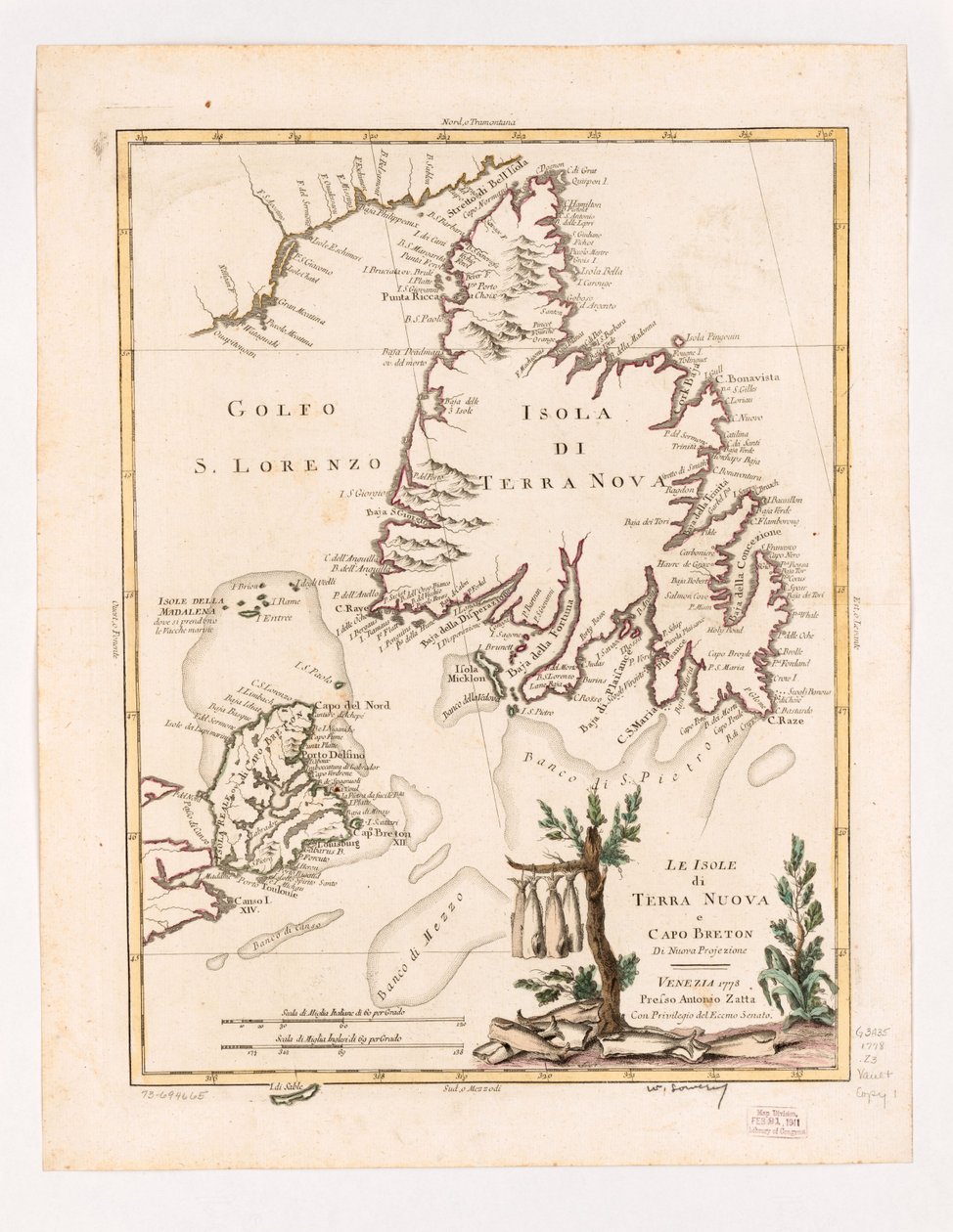 Ostrovy Terre Nuova a Cape Breton nové projekce 1778. LOC 73694665 od Antonio Zatta