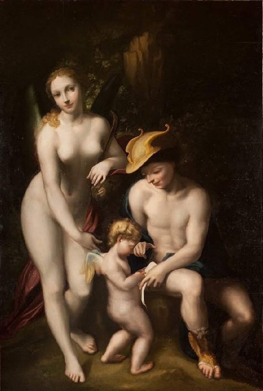 Venuše s Merkurem a Amorem, Škola lásky, autor Antonio da Correggio, vystaveno na zámku Chenonceau. od Antonio da Correggio