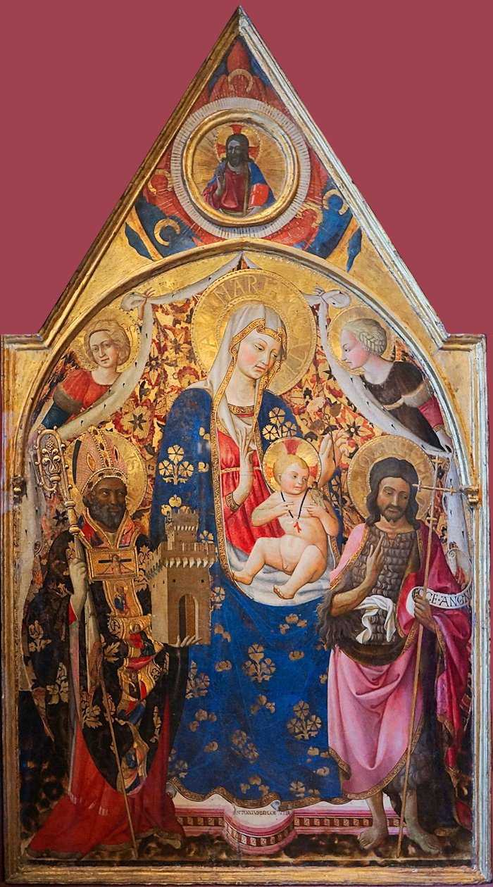 Madona s dítětem ověnčená svatými


 Alternativní název (názvy): Madona s Bohem a Madona s Bohem a Bohem a Bohem a Bohem:   Gonfalon. Pravá strana: Jan Křtitel a andělé. Horní část - Kristus žehná. Zadní strana: Ukřižování s Pannou Marií a svatým Janem. T od Antonio da Firenze