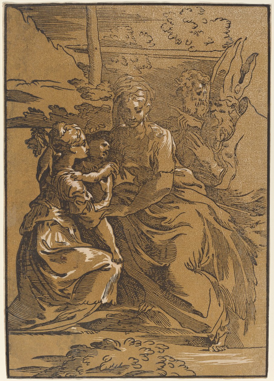 Svatá rodina se dvěma svatými od Antonio da Trento after Parmigianino