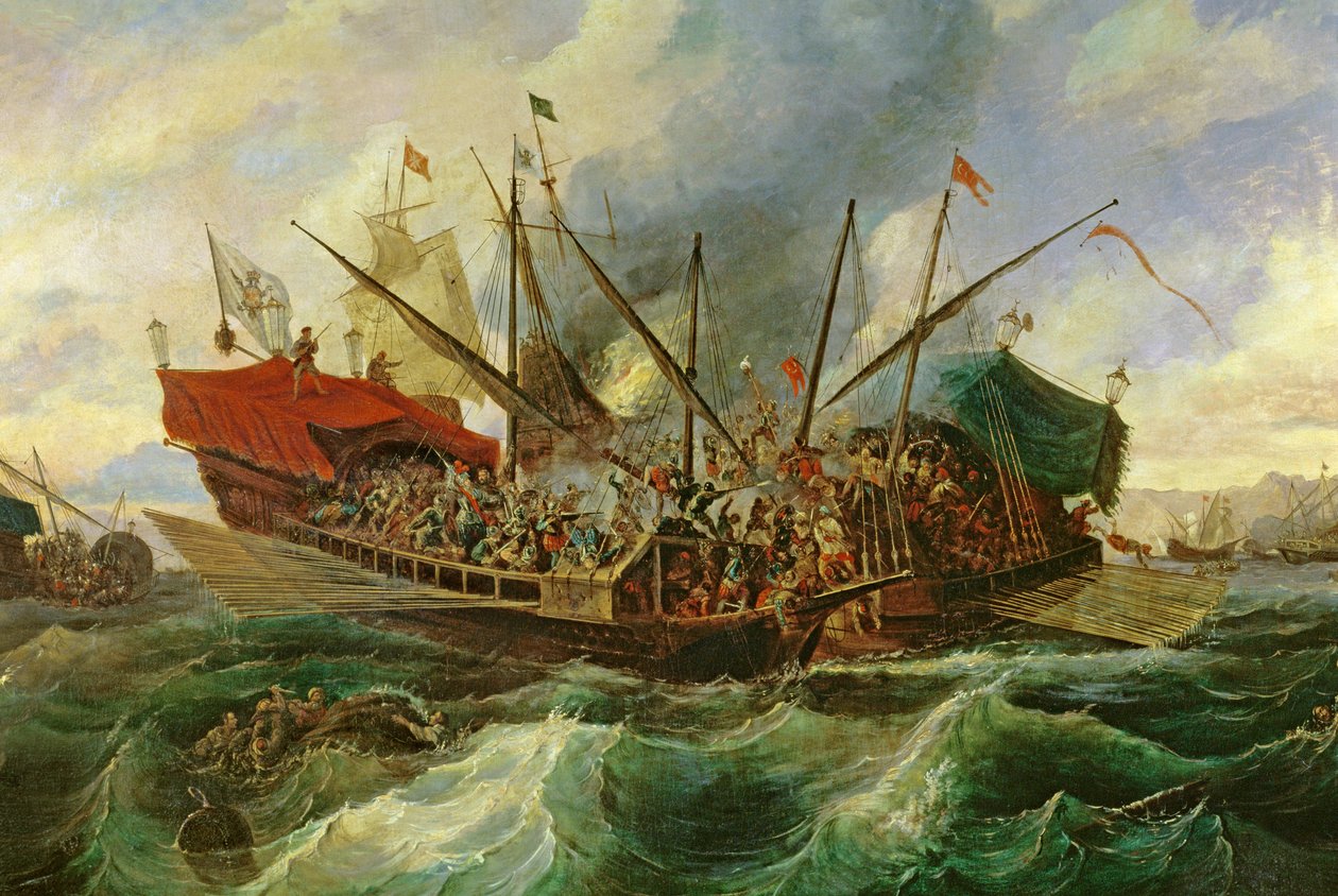 Námořní bitva u Lepanta mezi Svatou ligou a Turky v roce 1571 (olej na plátně) (detail) od Antonio de Brugada
