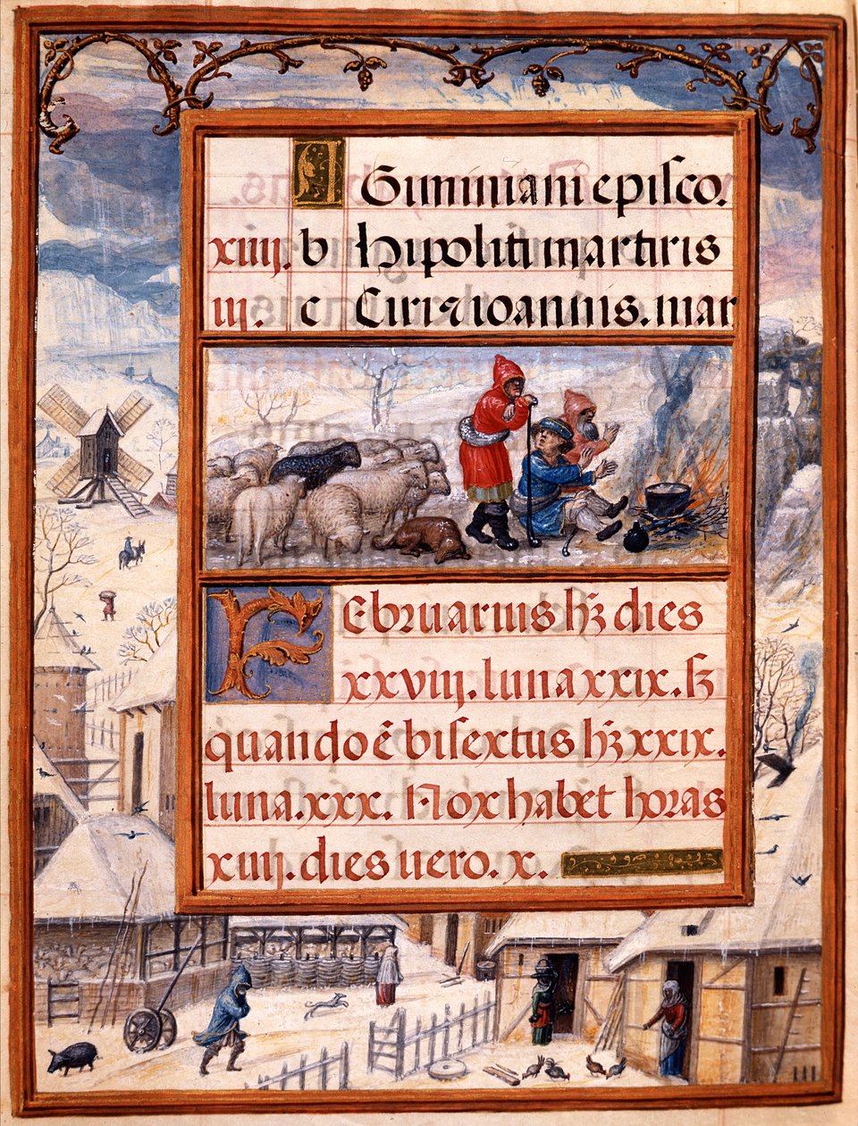 Měsíc únor, miniatury z „Knihy hodin Doma Manuela“, 1517-38 (tempera na pergamenu) od Antonio de Hollanda