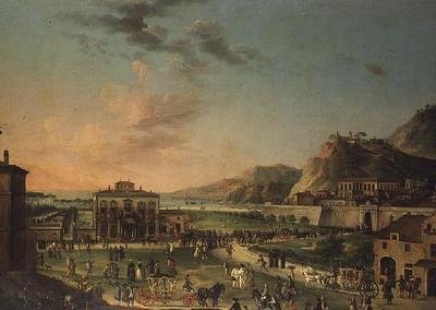 Capriccio panorama z cesty krále dvou Sicílie Karla III., z jeho vily v Portici do Palazzo Farnese v Římě od Antonio de dipi (attr. to) Joli