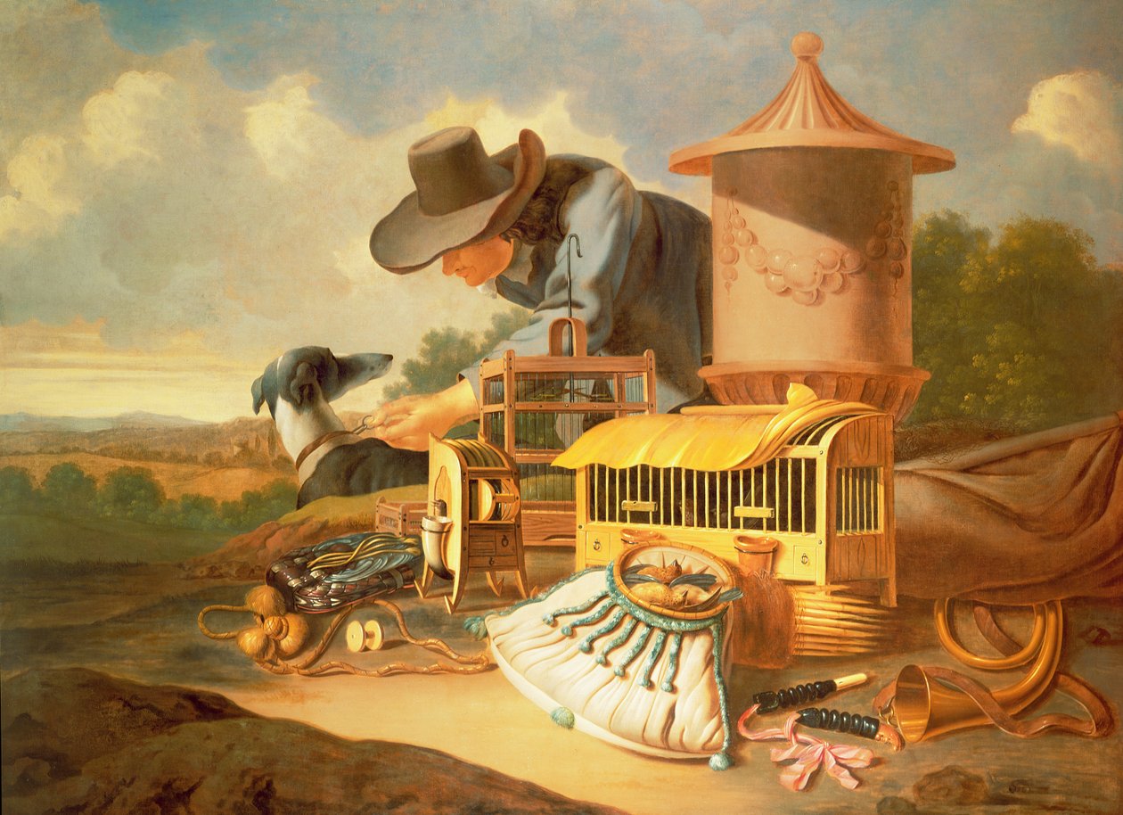 A Birdcatcher a jeho pes (olej) od Antonius Leemans