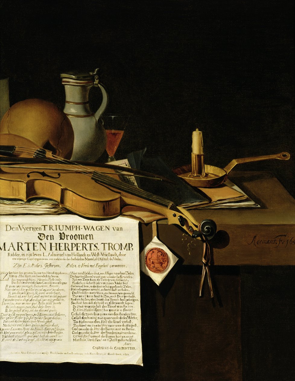Zátiší Vanitas pocta admirálu Martenovi Herpertszwoon Trompovi, 1655 od Antonius Leemans