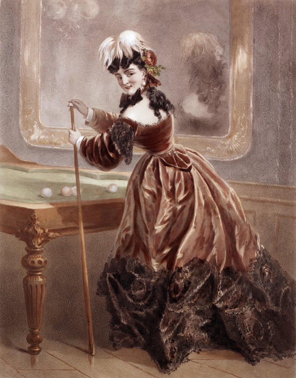 Kurtizána v době 2. říše hrající kulečník (barevná rytina) od Antony Paul Emile Morlon