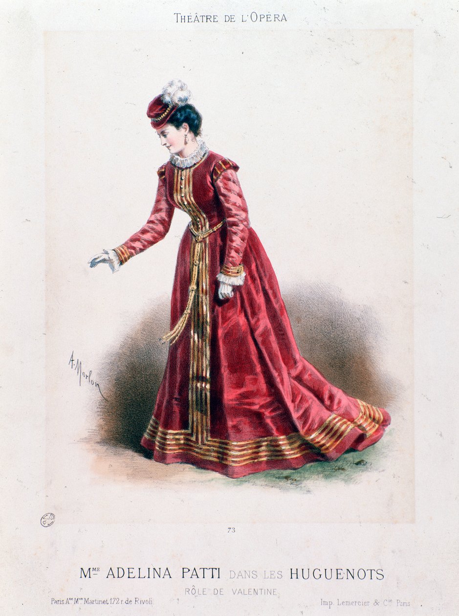 Portrét zpěvačky Adeline Patti (1843-1919) jako Valentýna v opeře Les Huguenots od Giacoma Meyerbeera (1791-1864). od Antony Paul Emile Morlon
