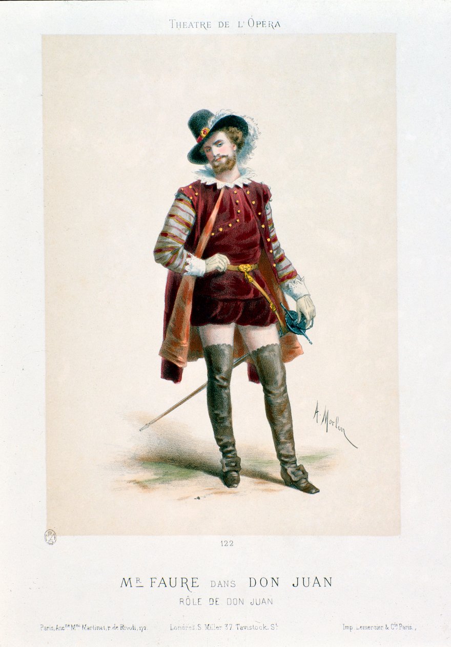 Zpěvák Jean-Baptiste (Jean Baptiste) Faure (1830-1914) v provedení Dona Giovanniho (Don Juan) ve stejnojmenné opeře Wolfganga Amadea Mozarta (1756-1791) během představení v operním divadle v Paříži. Litografie Antonyho Morlona (1834-1914) Colle od Antony Paul Emile Morlon