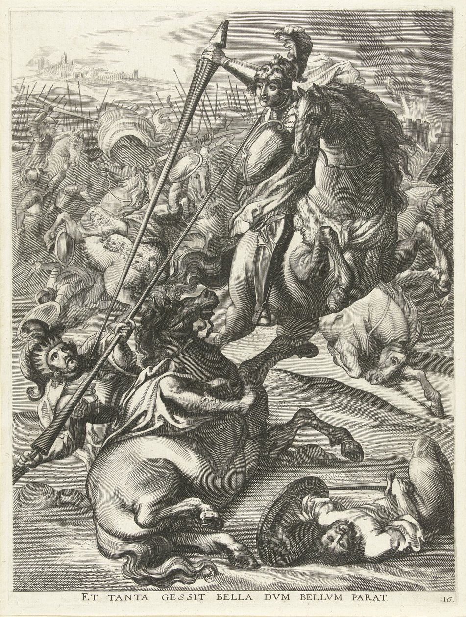 Achilles porazí Telefos; Vstup Ferdinanda do Gentu v roce 1635 Et tanta gessit bella dvm bellvm parat (název na objektu) od Antony van der Does