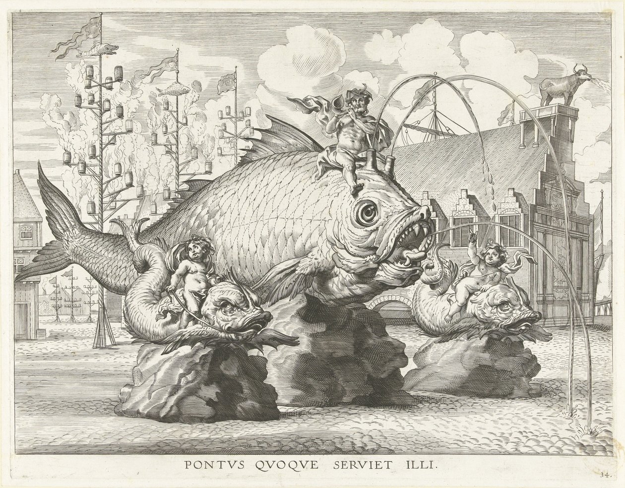 Podívaná s Tritonem na obří rybě; Vstup Ferdinanda do Gentu v roce 1635 Pontvs Qvoqve ubrousek illi (název na předmětu) od Antony van der Does