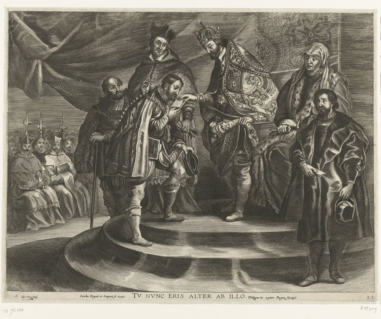 Troonsafsand van Karel V; intocht van Ferdinand te Gent v roce 1635 (blad 25) Karel se zbavil Království a Říše / Nyní budete po něm druhý / Filip II bere království od svého otce (titul na předmětu) od Antony van der Does