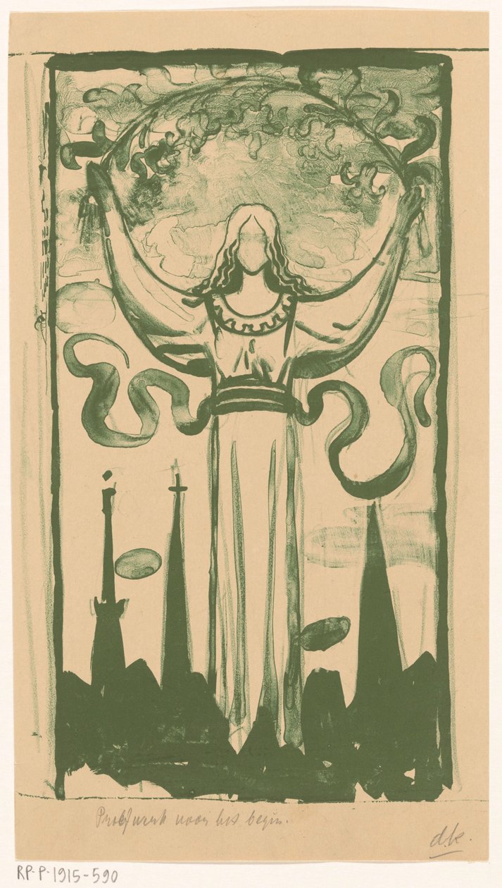Ženská postava držící větev květin nad hlavou od Antoon Derkinderen (signed by artist)