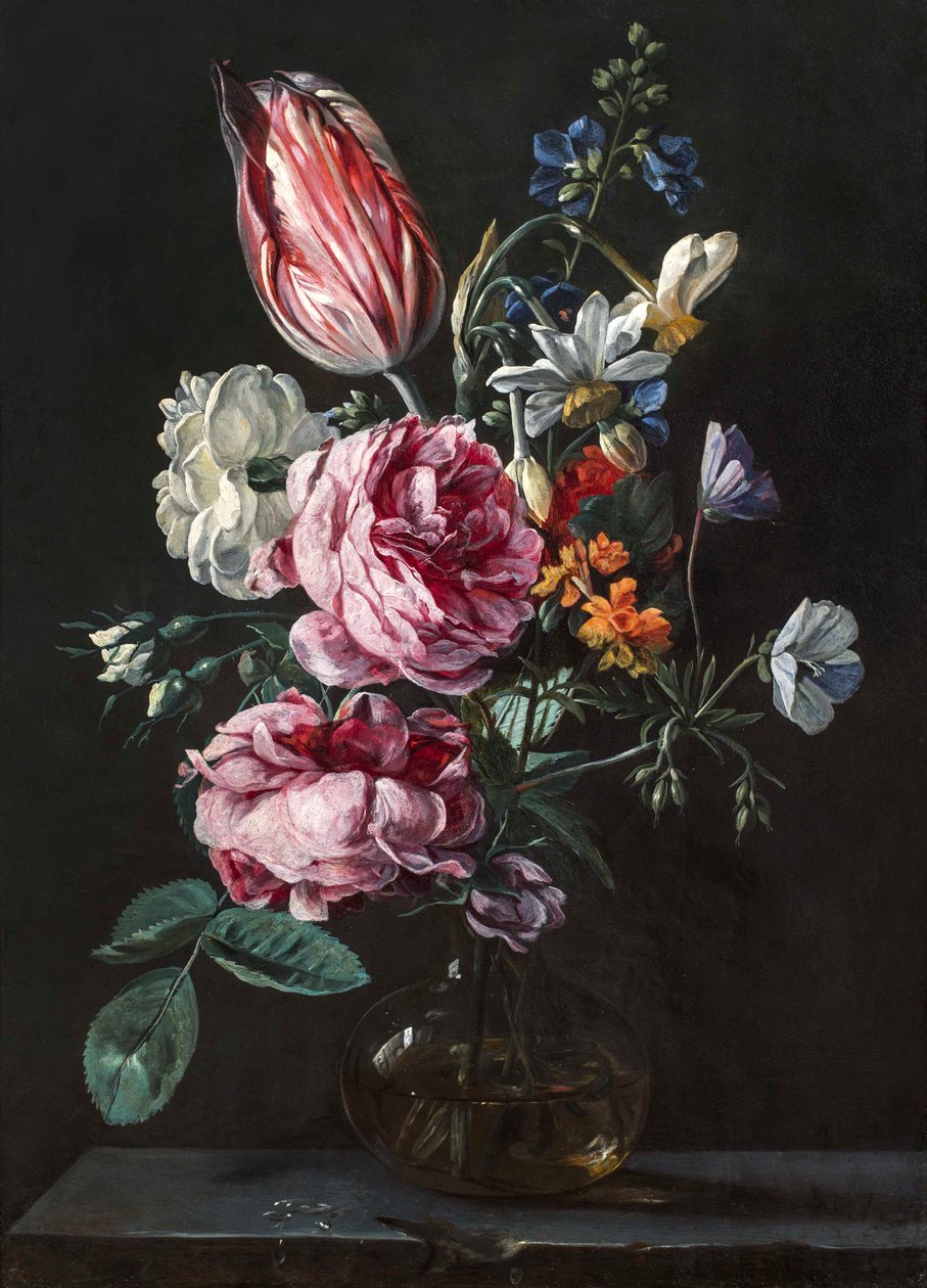 Kytice narcisů, papouščích tulipánů, růží a dalších květin ve skleněné váze na kamenném podstavci, cca 1650 (olej na mědi) od Antwerp School