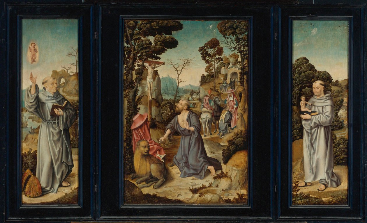 Triptych: Scény ze života sv. Jeronýma, svatého Antonína Paduánského, svatého Bernarda z Clairvaux od Antwerp School c. 1525 3