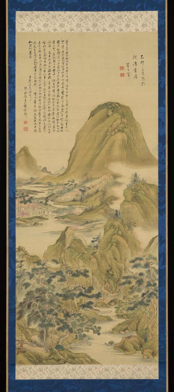 Nach Das Lied vom Pfirsichblütenquell, zugeschrieben Dong Qichang, mit einer Inschrift von Wang Weis Gedicht, zugeschrieben Chen Jiru od Aoki Shukuya