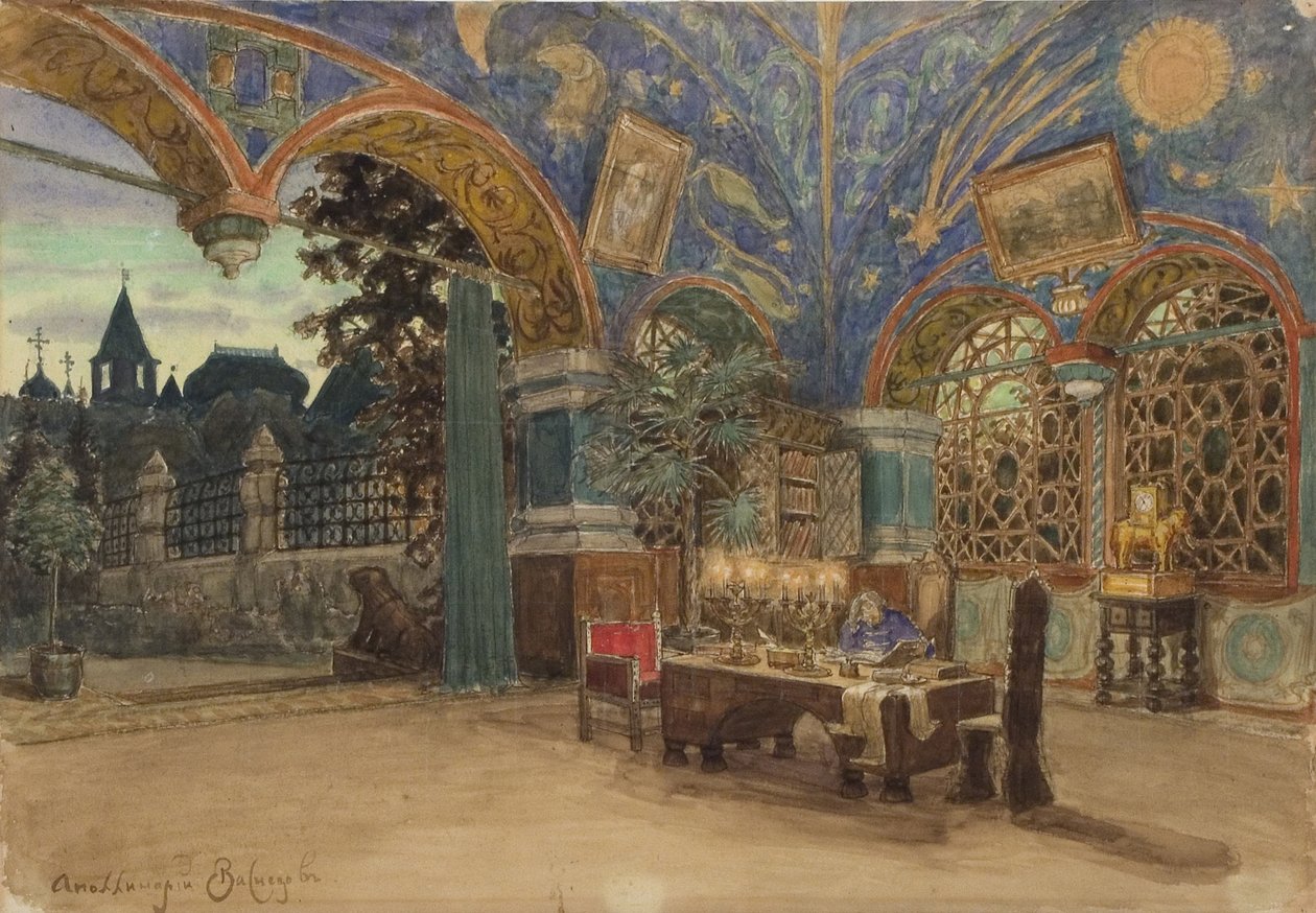 Jídelna prince Vasilije Golitsyna. Scénický návrh k opeře Chovanščina od M. Musorgského, 1897 od Apollinari Mikhailovich Vasnetsov