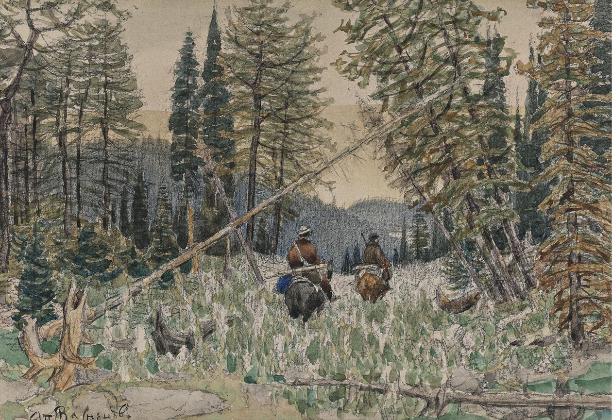 Lovci na koních v borovém lese od Apollinari Mikhailovich Vasnetsov