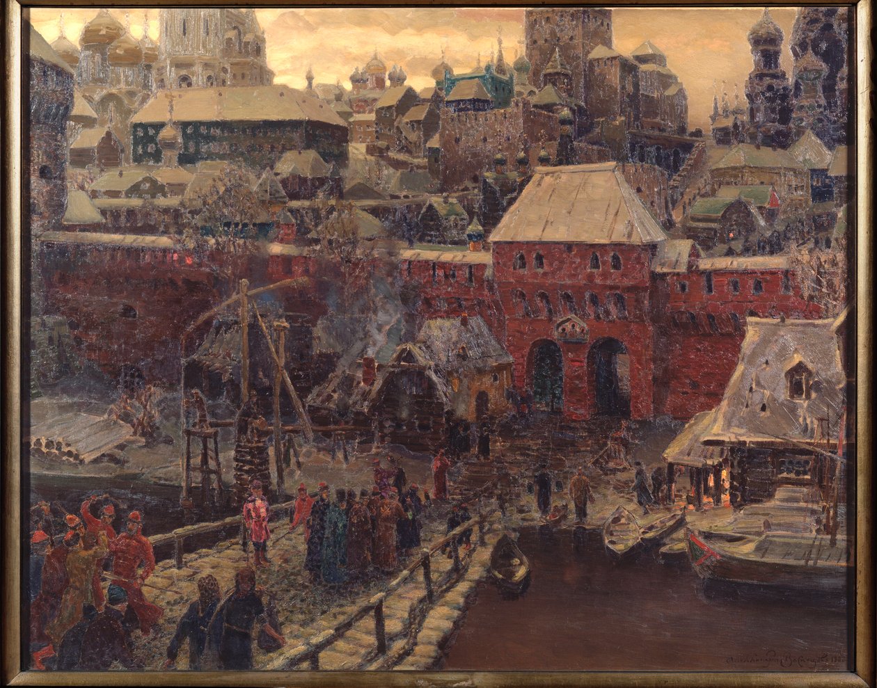 Moskva v 17. století, Moskvorecký most a vodní brána - obraz Appolinariho Michajloviče Vasněcova (1856-1933), olej na plátně od Apollinari Mikhailovich Vasnetsov