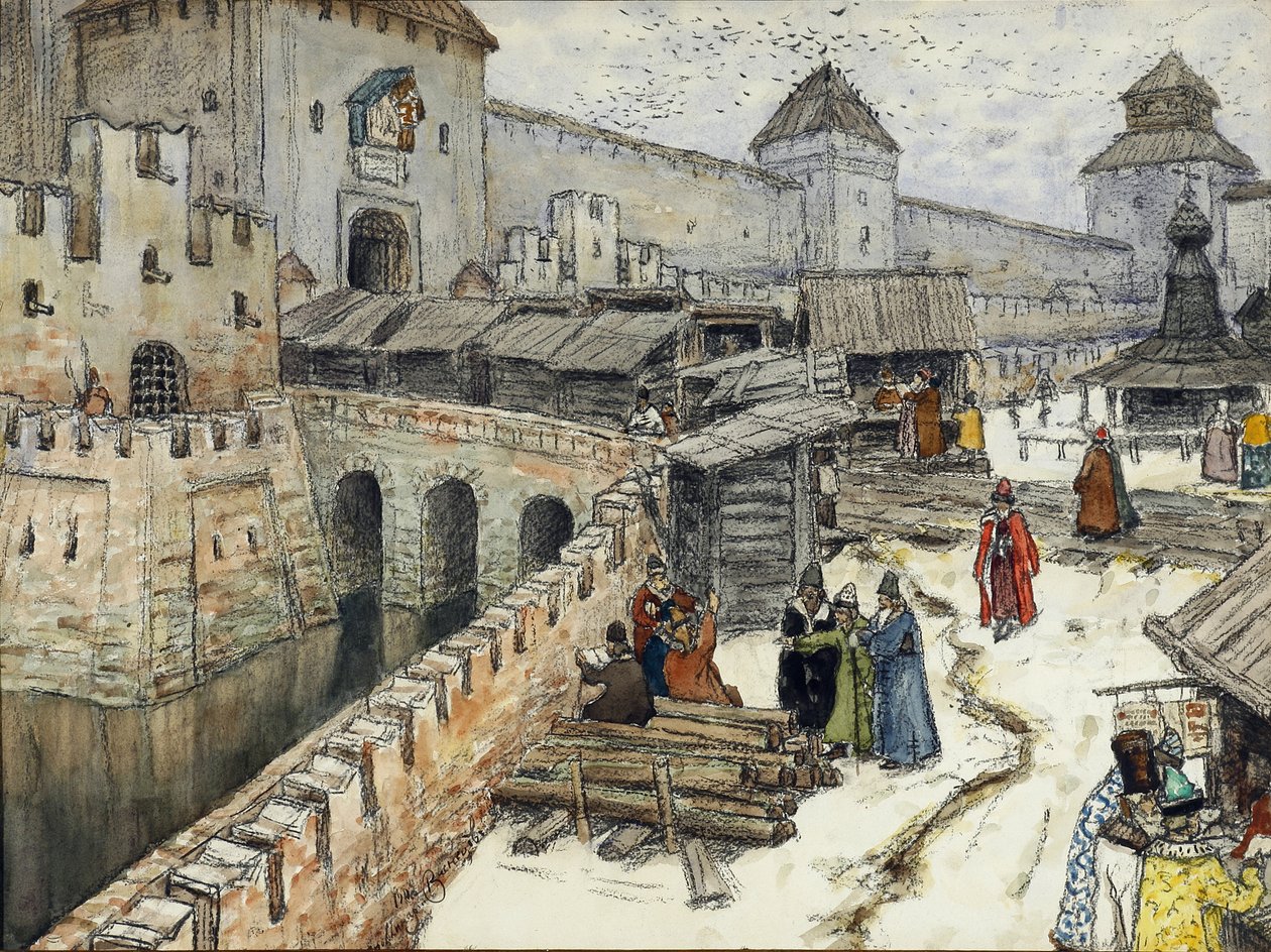 Moskva v 17. století. Knihkupectví na mostě Krista Spasitele, 1902 od Apollinari Mikhailovich Vasnetsov