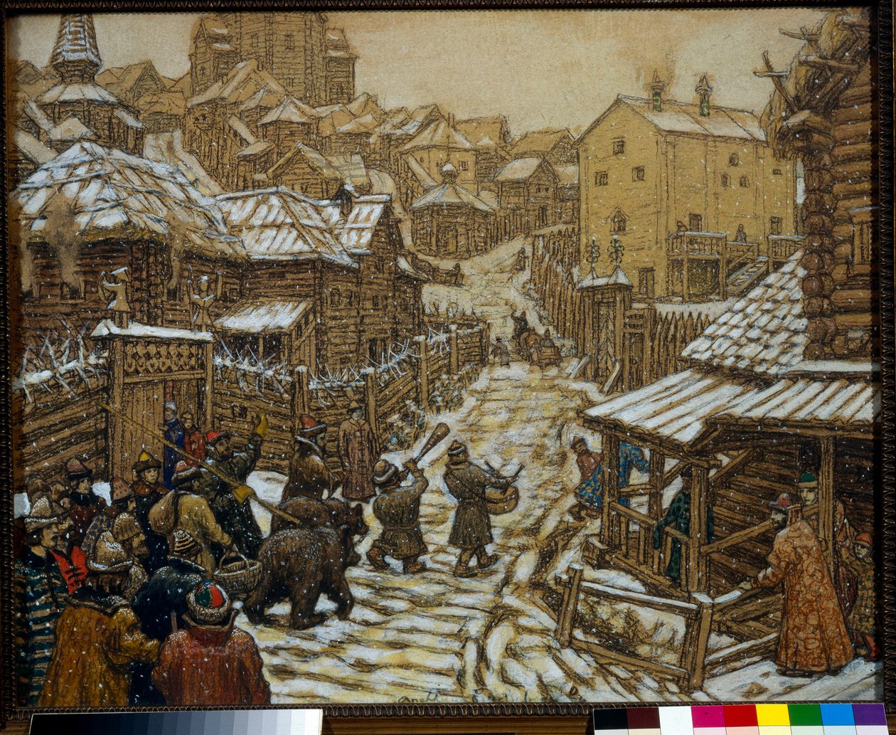 Hudebníci a trenéři medvědů v moskevské ulici v 17. století - dílo Appolinari Michajloviče Vasněcova (1856-1933) od Apollinari Mikhailovich Vasnetsov