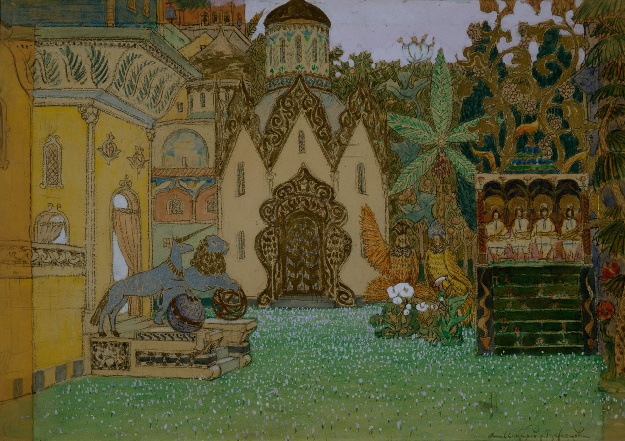 Scénický návrh k opeře Legenda o neviditelném městě Kitezh a panna Fevronia N. Rimského-Korsakova, 1907 od Apollinari Mikhailovich Vasnetsov