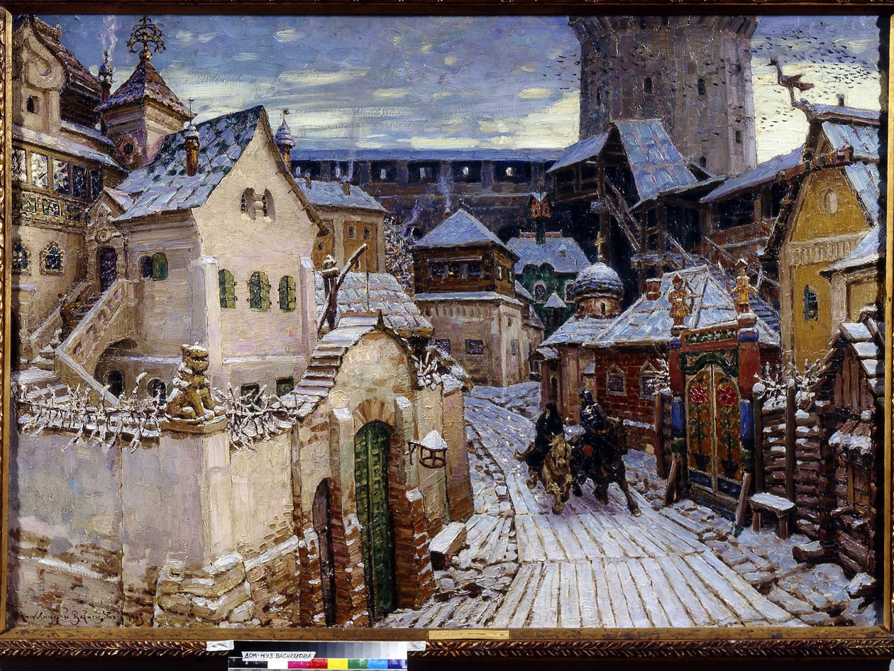 Oznámení. Ráno v moskevském Kremlu. (A Heralds. Ráno v Kremlu). Obraz Appolinari Michajlovič Vasněcov (1856-1933), olej na plátně od Apollinari Mikhailovich Vasnetsov