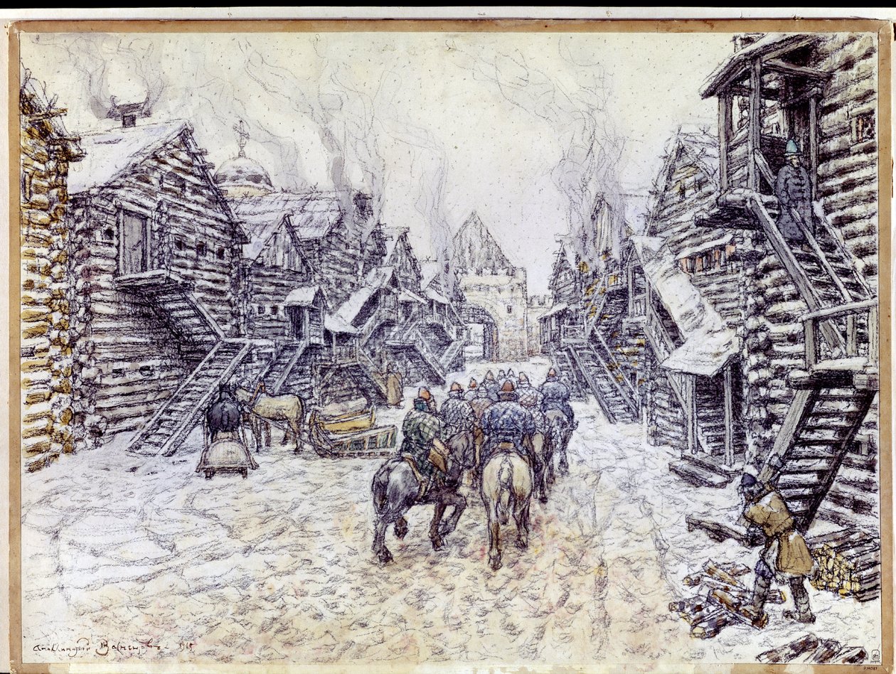 Stará Moskva. Tradiční dřevěná architektura pod sněhem. Dílo Appolinari Michajloviče Vasněcova (1856-1933), akvarel a křída na papíře od Apollinari Mikhailovich Vasnetsov