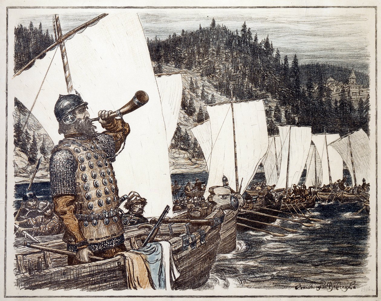 Jermak Timofejevič (asi 1540-1585) na řece Irtyš. (Jermak Timofejevič na Irtyši). Epizoda průzkumu a dobývání Sibiře, v roce 1583. Dílo Appolinari Michajloviče Vasněcova (1856-1933), litografie 1916. Ruské umění, 20. od Apollinari Mikhailovich Vasnetsov