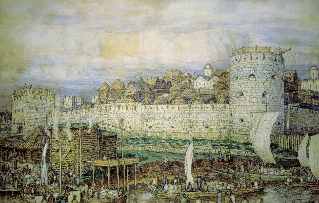 . XIV Pravděpodobný pohled na bílý kámen Kremlu Dmitrije Donskoye. Konec 14. století od Apollinari Mikhailovich Vasnetsov